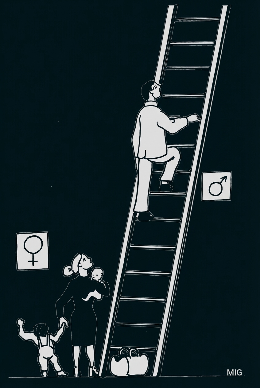 Karikatur: Mann klettert Leiter, Frau mit zwei Kindern steht unten, Geschlechtersymbole.